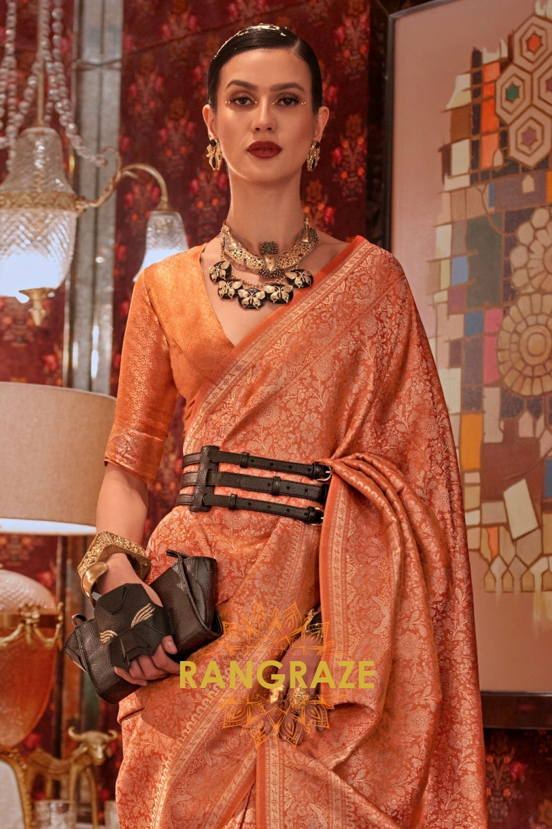 Orchid Orange Dual Tone Woven Kanjivaram Silk Saree