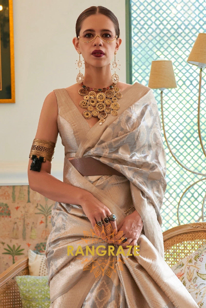 Antique Golden Beige Woven Banarasi Tissue Silk Saree