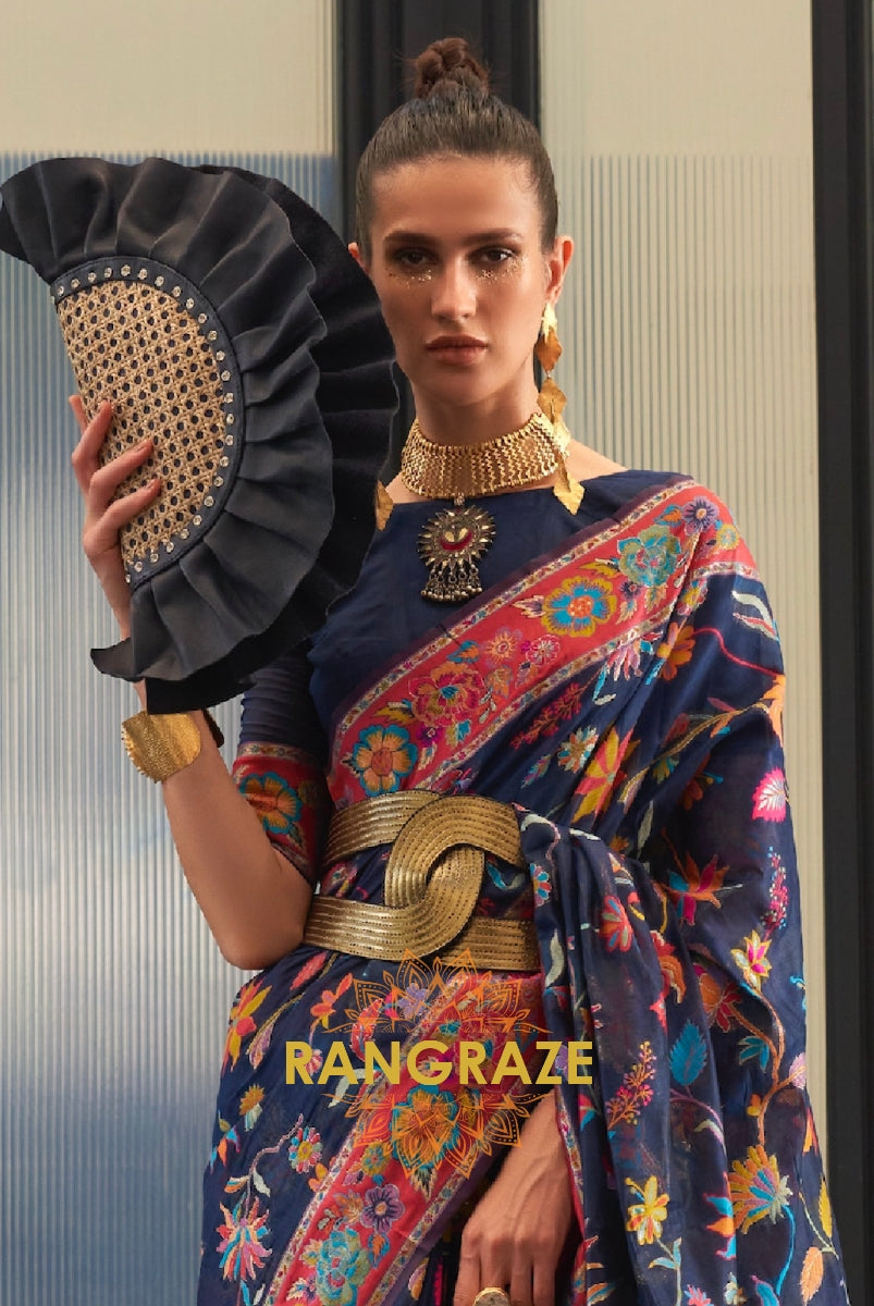 Classic Navy Blue Woven Kashmiri Jamewar Cotton Silk Saree
