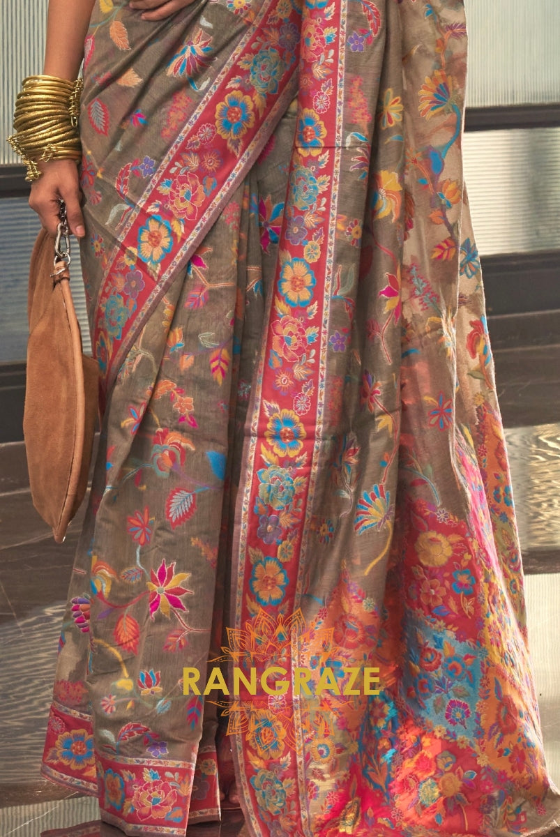 Classic Brown Woven Kashmiri Jamewar Cotton Silk Saree