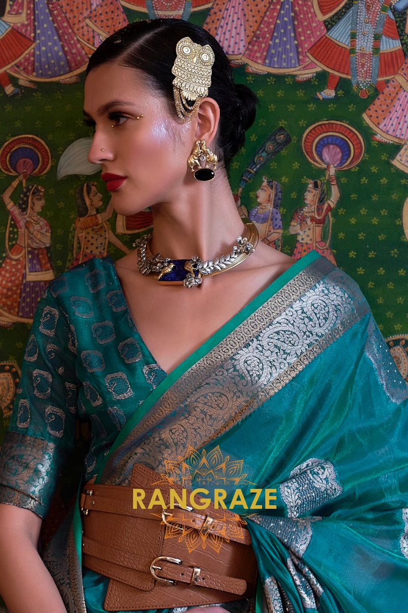 Ocean Blue Woven Banarasi Organza Silk Saree