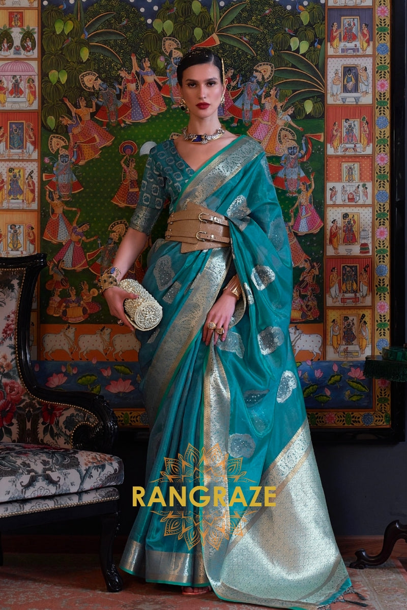 Ocean Blue Woven Banarasi Organza Silk Saree