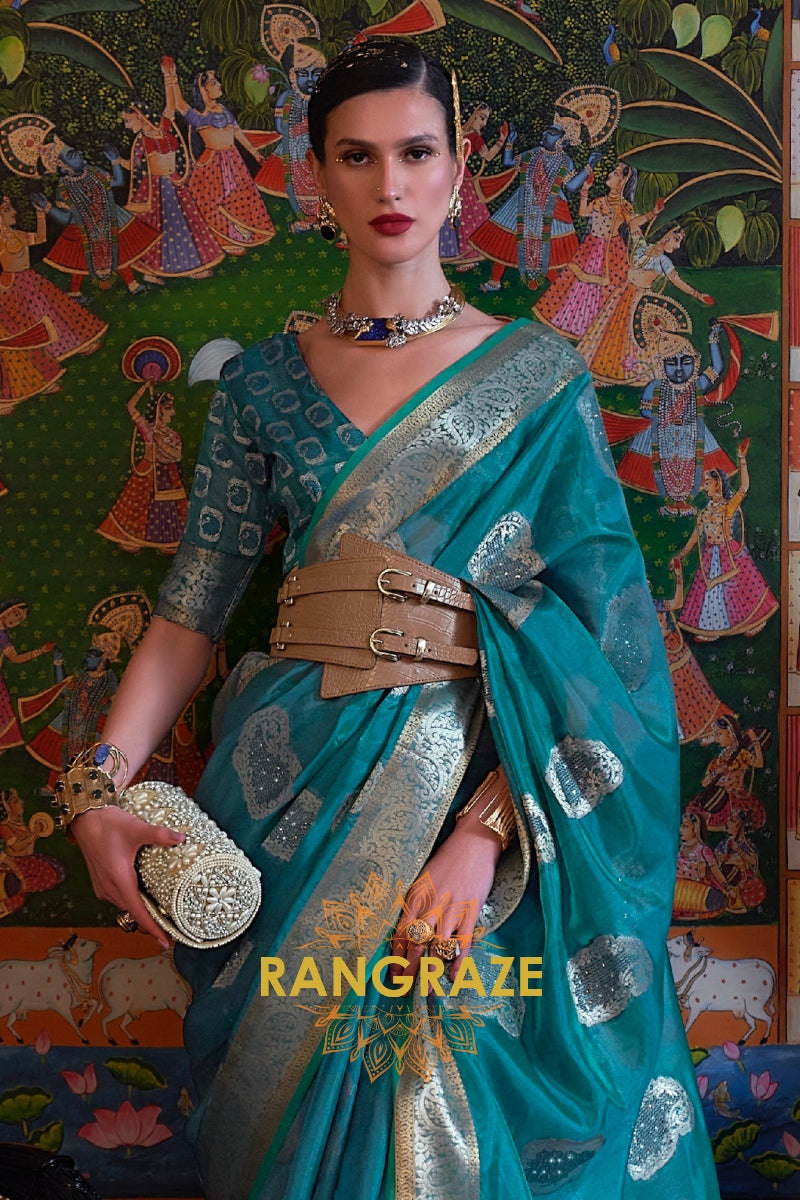 Ocean Blue Woven Banarasi Organza Silk Saree
