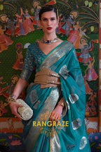 Ocean Blue Woven Banarasi Organza Silk Saree