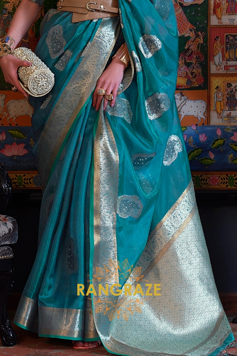 Ocean Blue Woven Banarasi Organza Silk Saree