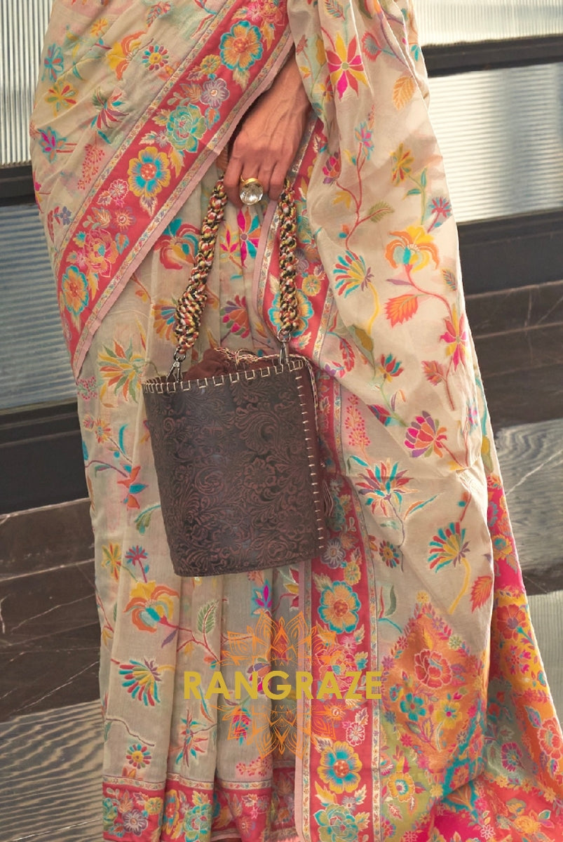 Classic Beige Woven Kashmiri Jamewar Cotton Silk Saree