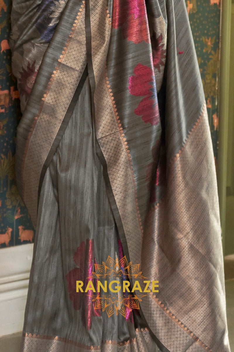 Fossil Grey Woven Banarasi Silk Saree