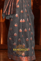 Onyx Black Pure Linen Saree With Copper Zari Weaving