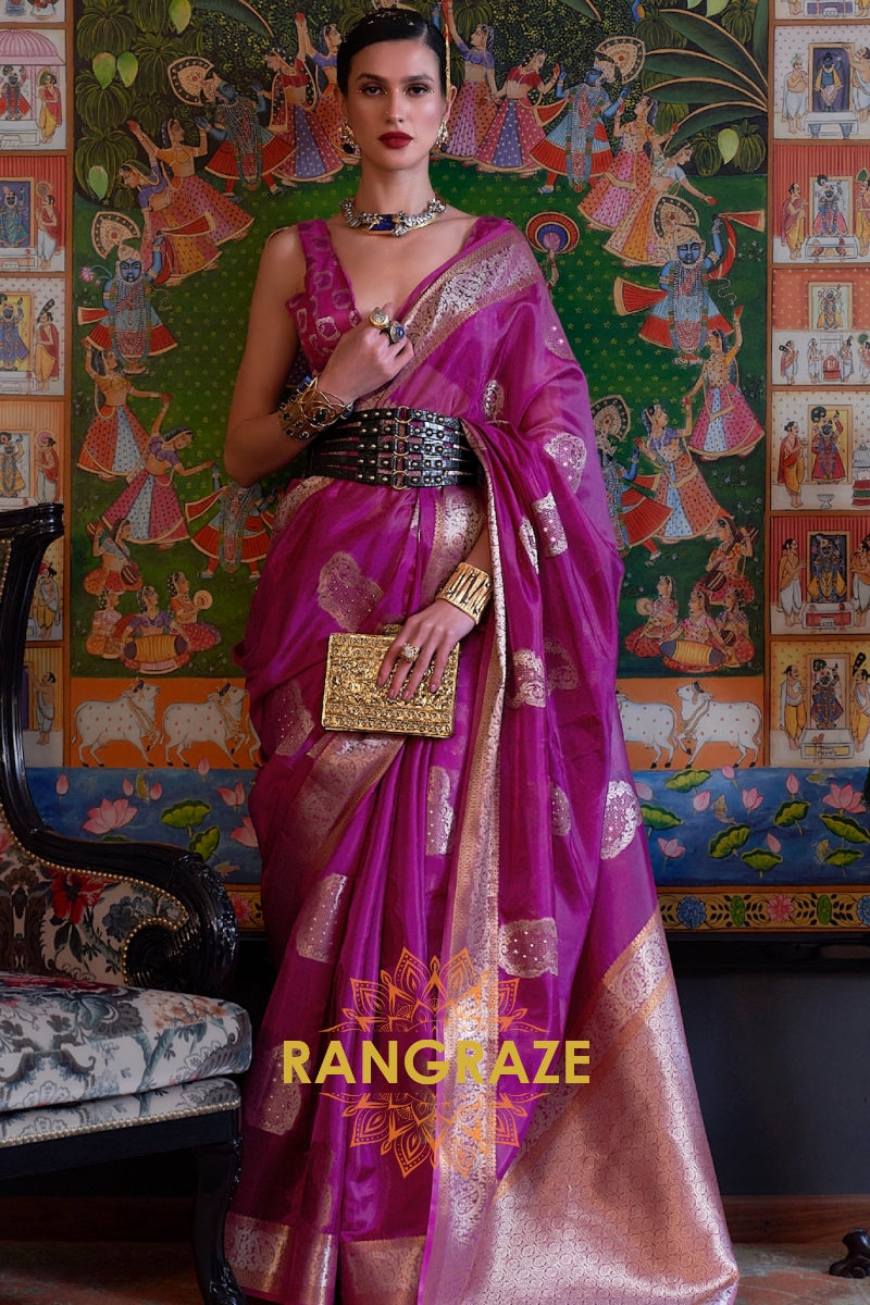 Iris Purple Woven Banarasi Organza Silk Saree