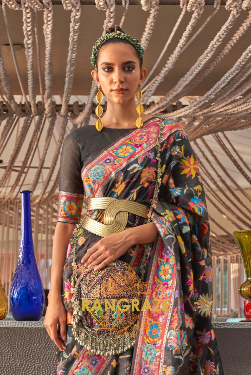 Classic Black Woven Kashmiri Jamewar Cotton Silk Saree