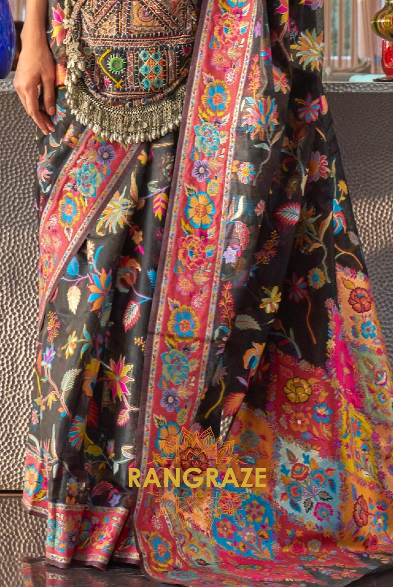 Classic Black Woven Kashmiri Jamewar Cotton Silk Saree