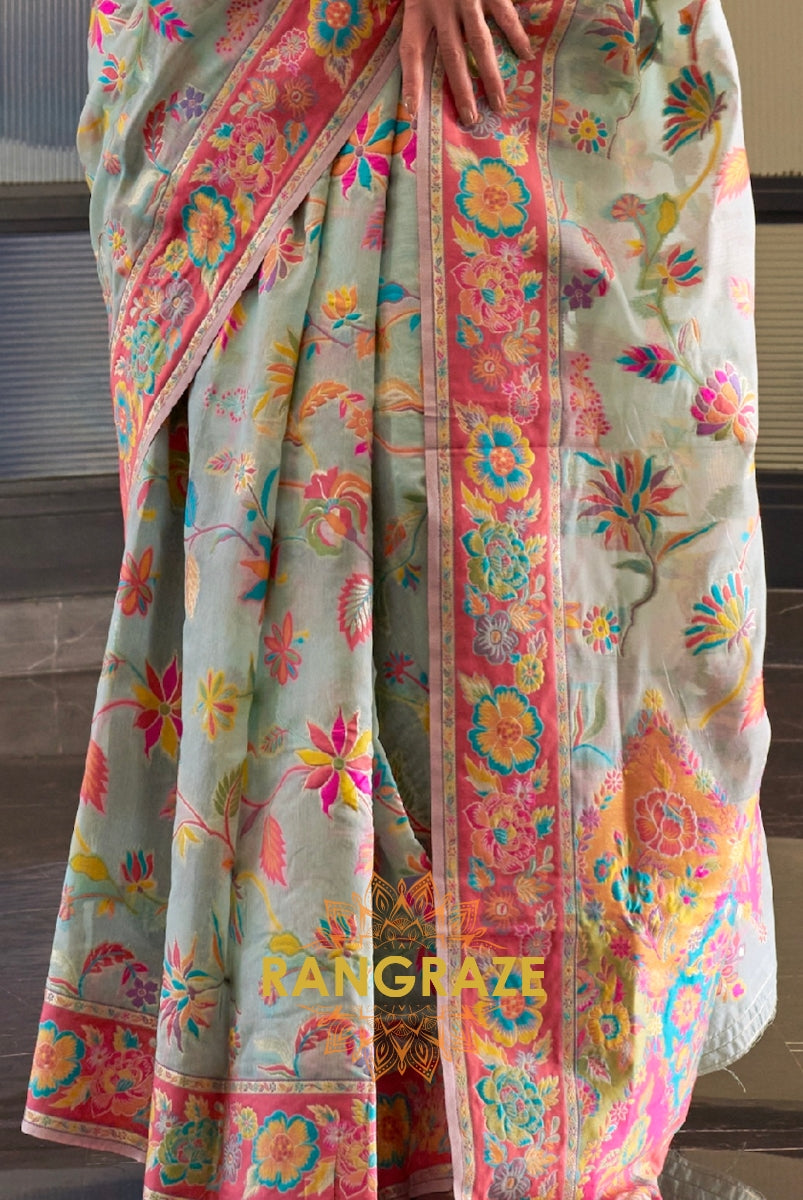 Classic Azure Blue Woven Kashmiri Jamewar Cotton Silk Saree