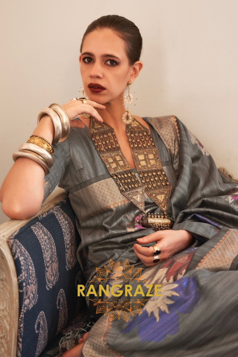 Fossil Grey Woven Banarasi Silk Saree