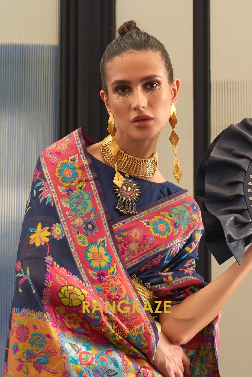 Classic Navy Blue Woven Kashmiri Jamewar Cotton Silk Saree