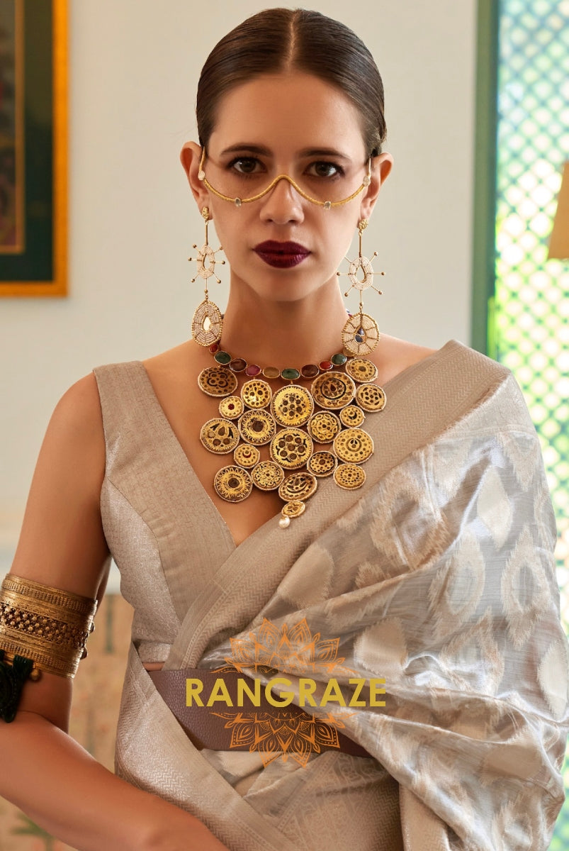 Antique Golden Beige Woven Banarasi Tissue Silk Saree