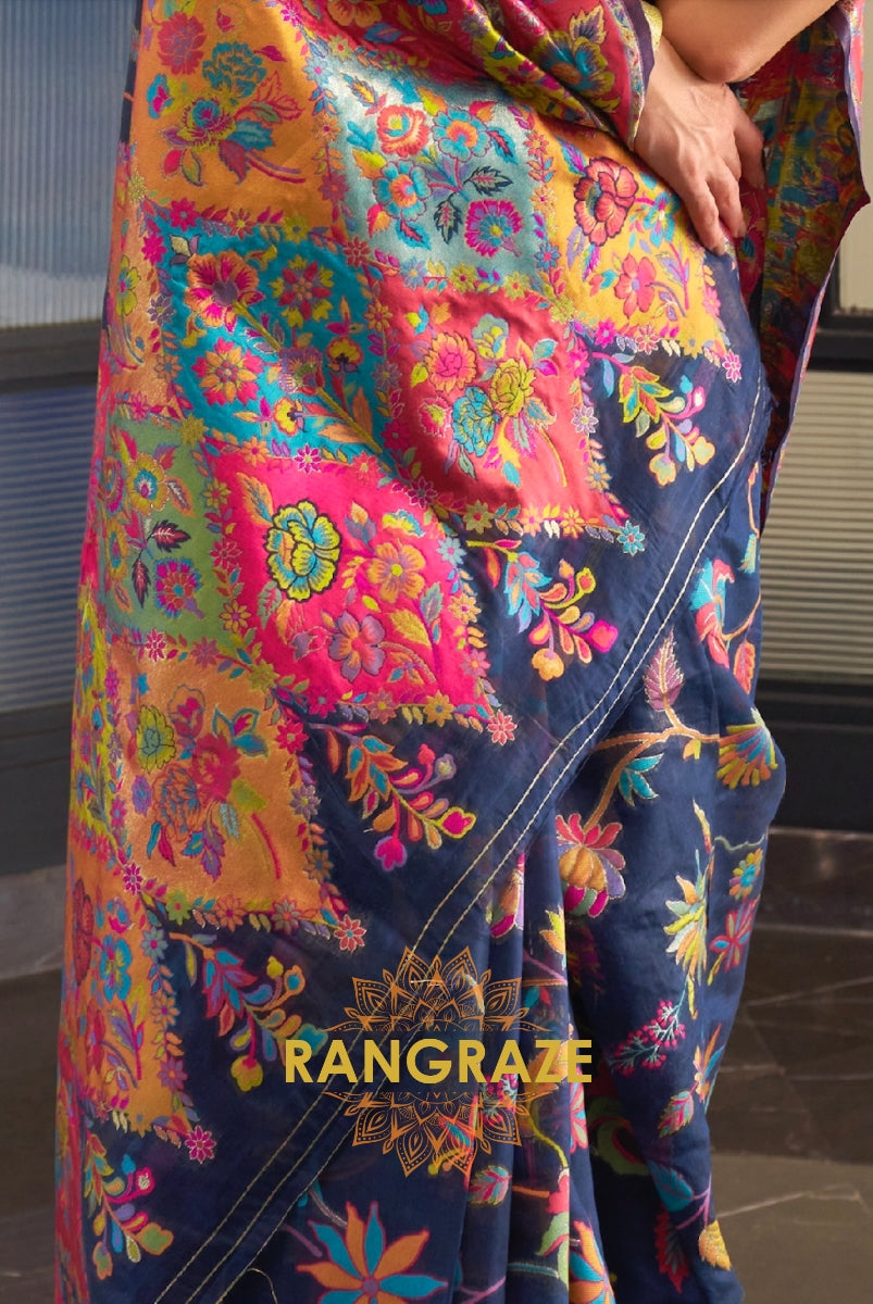 Classic Navy Blue Woven Kashmiri Jamewar Cotton Silk Saree