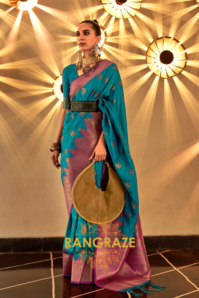 Turquoise Green Woven Banarasi Silk Saree