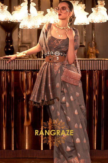 Greyish Brown Pure Linen Saree With Copper Zari Weaving