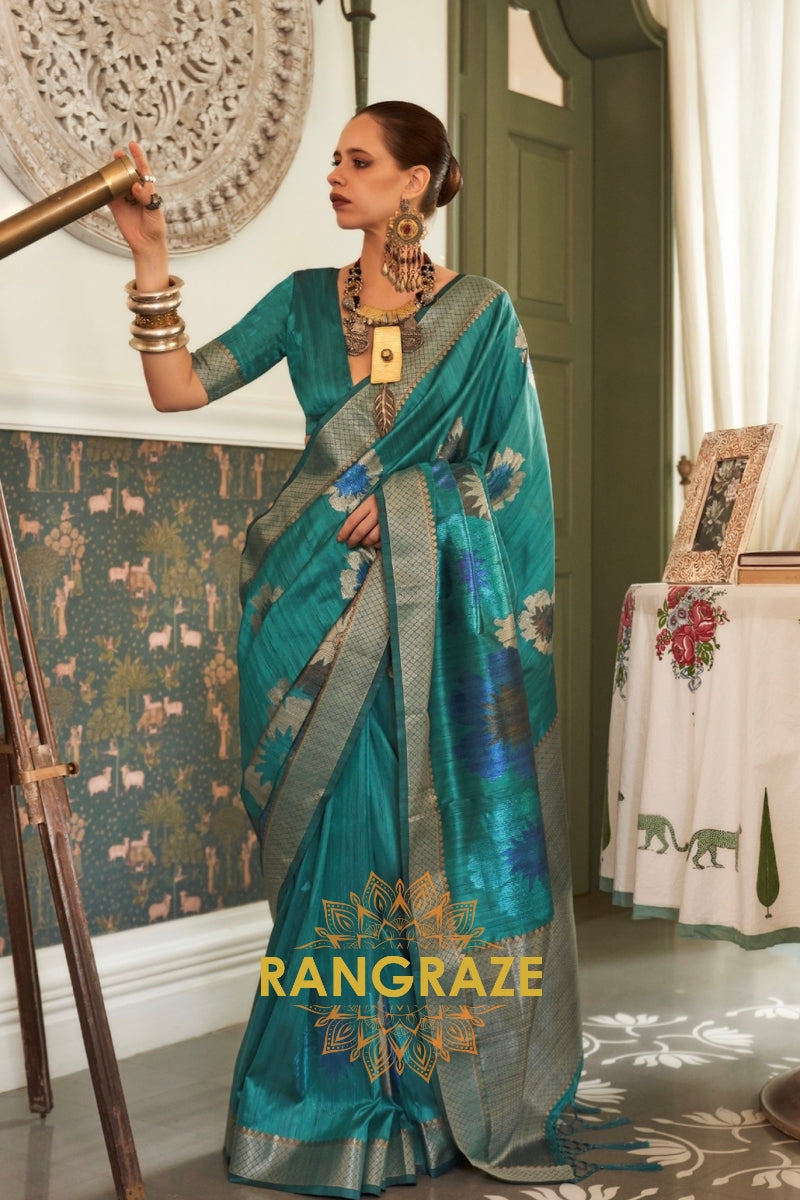 Cerulean Turquoise Woven Banarasi Silk Saree