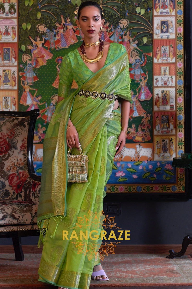 Parrot Green Woven Banarasi Organza Silk Saree