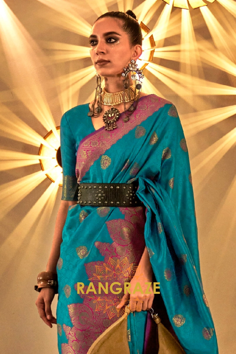 Turquoise Green Woven Banarasi Silk Saree