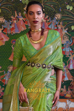 Parrot Green Woven Banarasi Organza Silk Saree