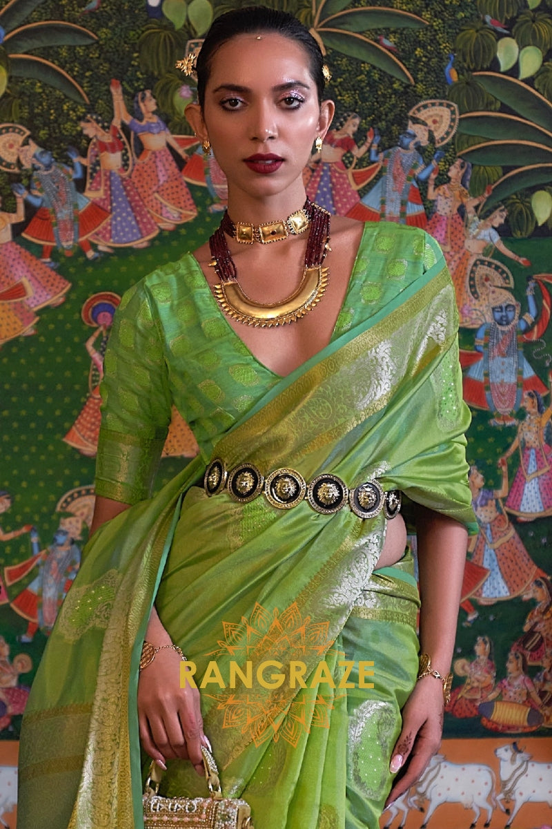 Parrot Green Woven Banarasi Organza Silk Saree