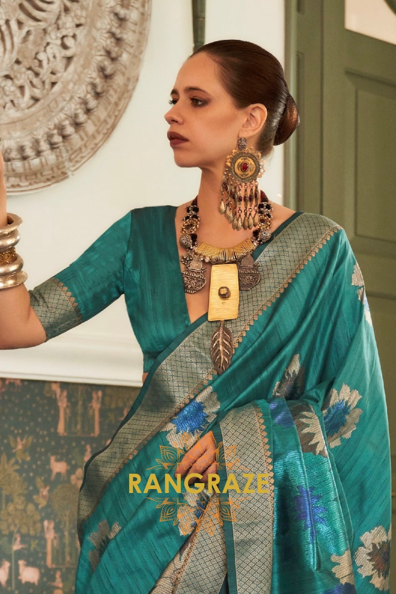 Cerulean Turquoise Woven Banarasi Silk Saree