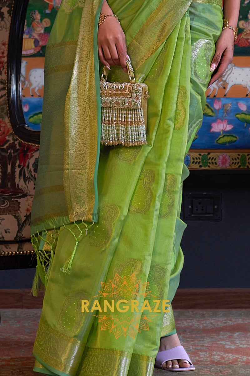 Parrot Green Woven Banarasi Organza Silk Saree