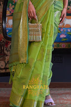 Parrot Green Woven Banarasi Organza Silk Saree