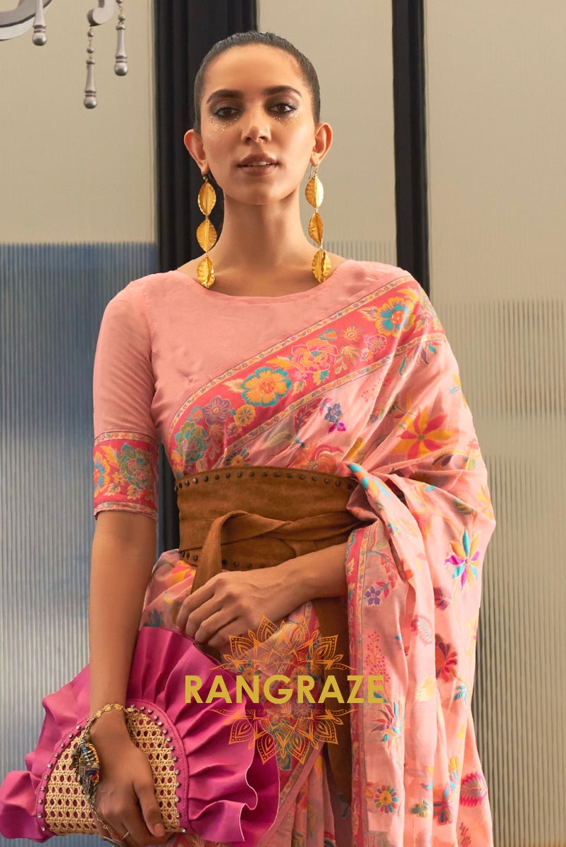 Classic Peach Pink Woven Kashmiri Jamewar Cotton Silk Saree