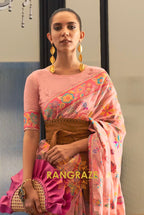 Classic Peach Pink Woven Kashmiri Jamewar Cotton Silk Saree