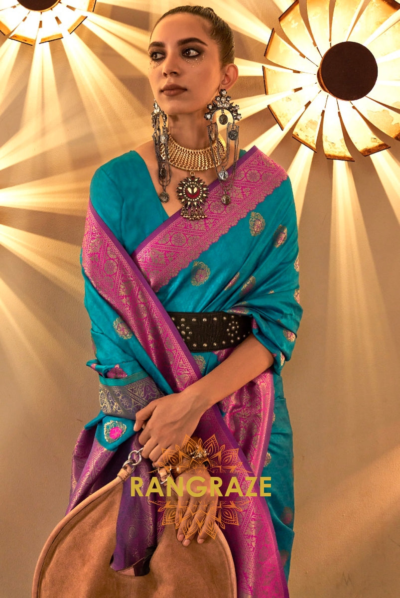 Turquoise Green Woven Banarasi Silk Saree