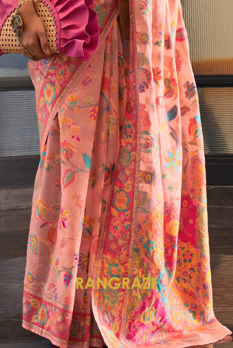 Classic Peach Pink Woven Kashmiri Jamewar Cotton Silk Saree