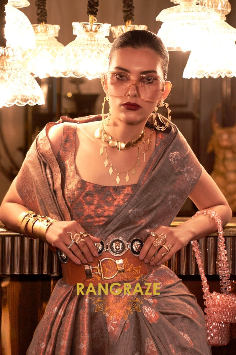 Greyish Brown Pure Linen Saree With Copper Zari Weaving