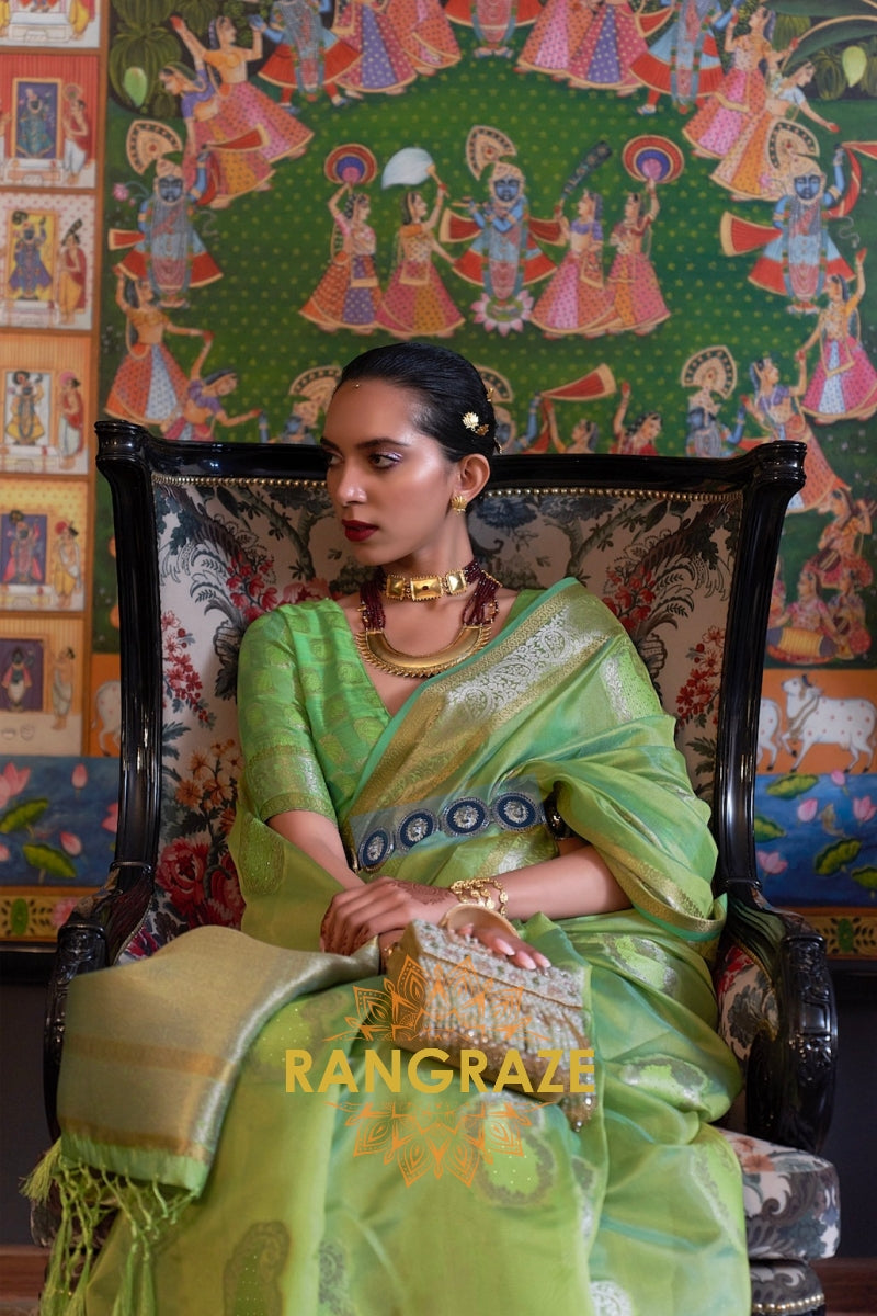 Parrot Green Woven Banarasi Organza Silk Saree