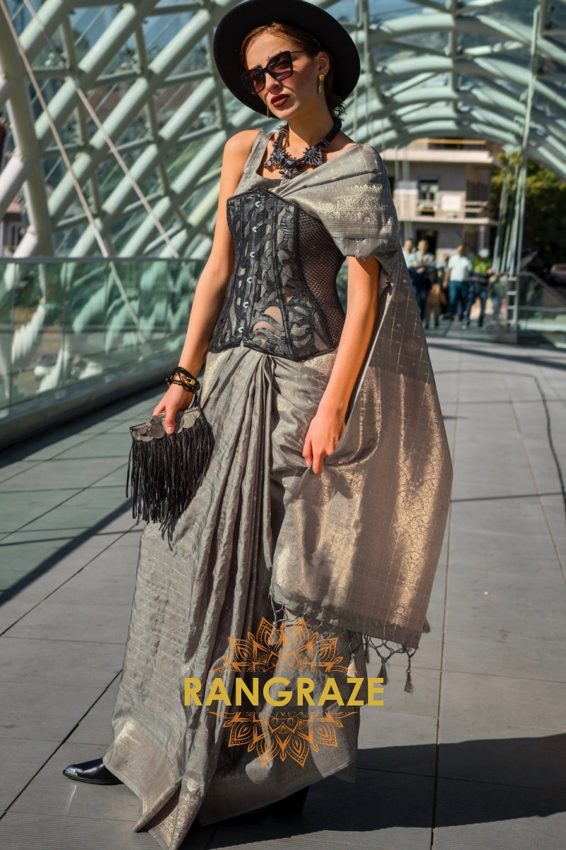 Charcoal Grace Handloom Banarasi Silk Saree