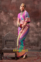 Teal Green And Purple Woven Banarasi Silk Saree
