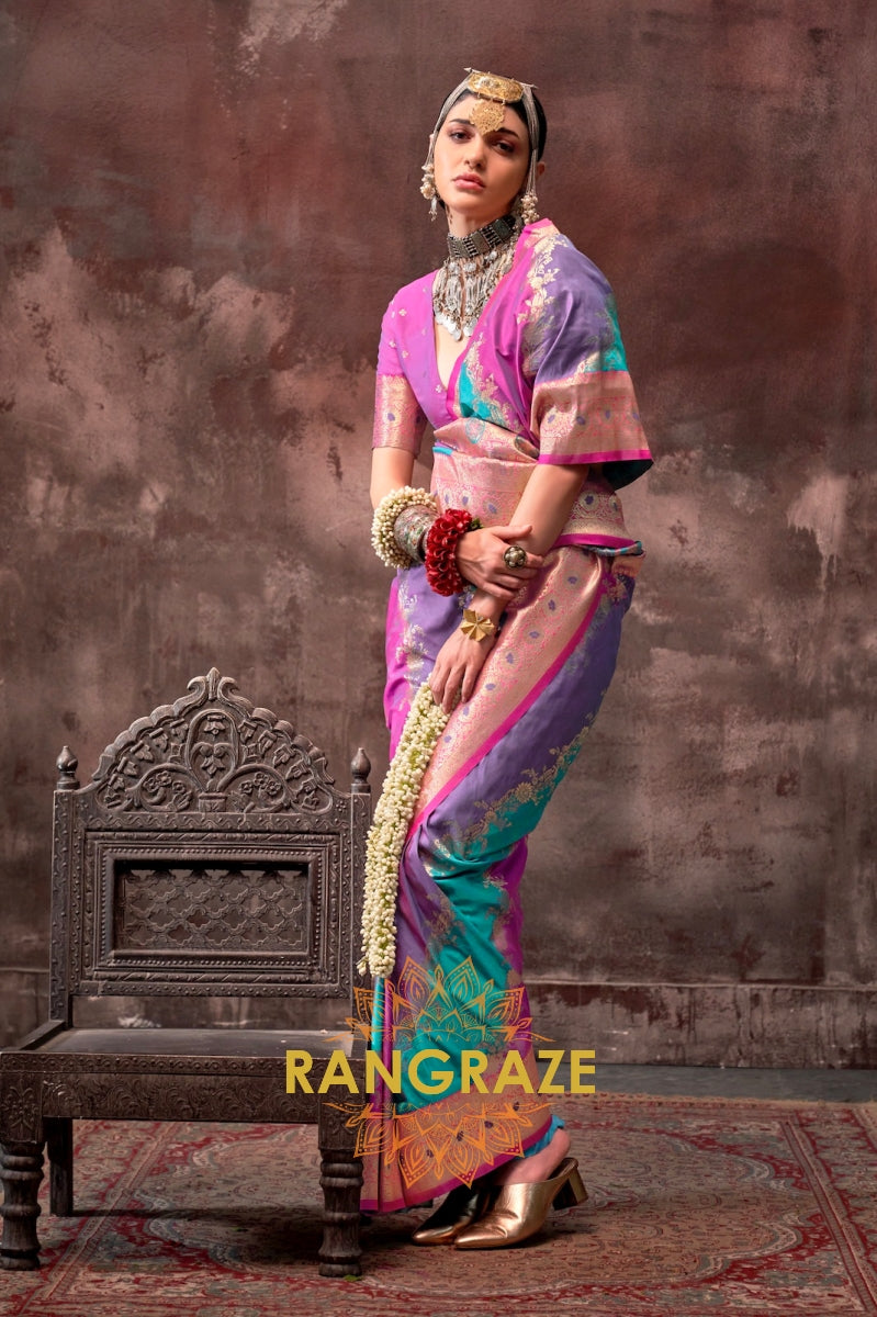 Teal Green And Purple Woven Banarasi Silk Saree