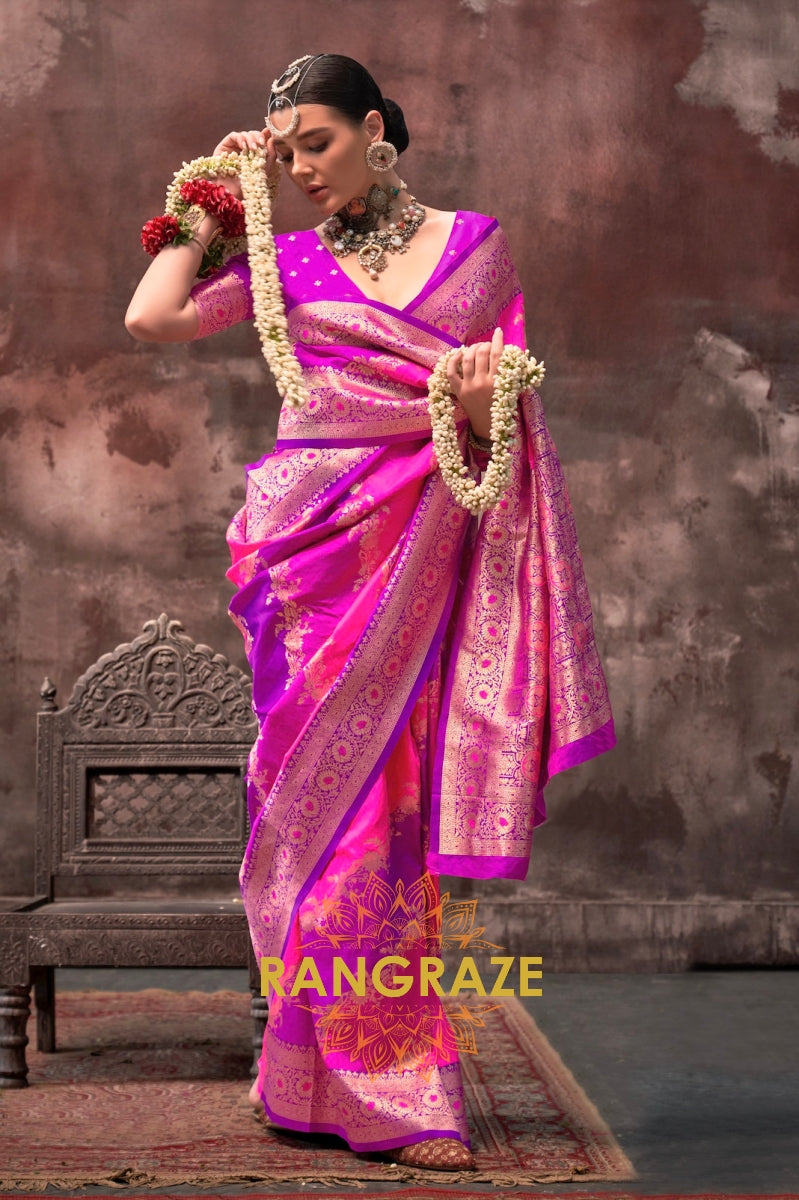 Bright Pink And Purple Woven Banarasi Silk Saree