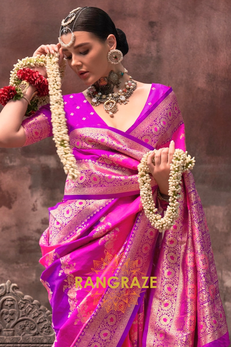 Bright Pink And Purple Woven Banarasi Silk Saree