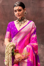 Bright Pink And Purple Woven Banarasi Silk Saree