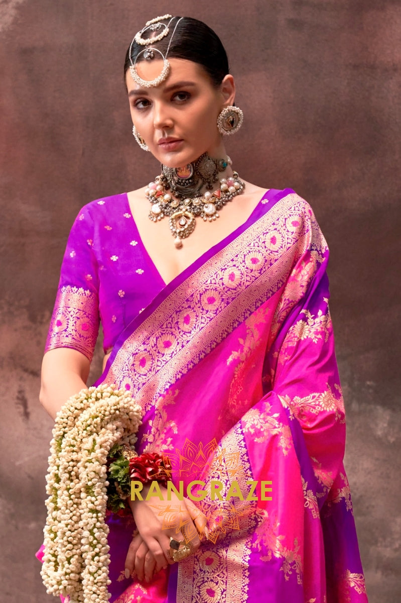 Bright Pink And Purple Woven Banarasi Silk Saree