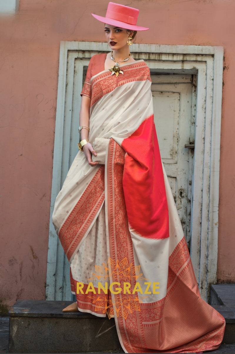 Bisque Cream and Red Woven Banarasi Silk Saree