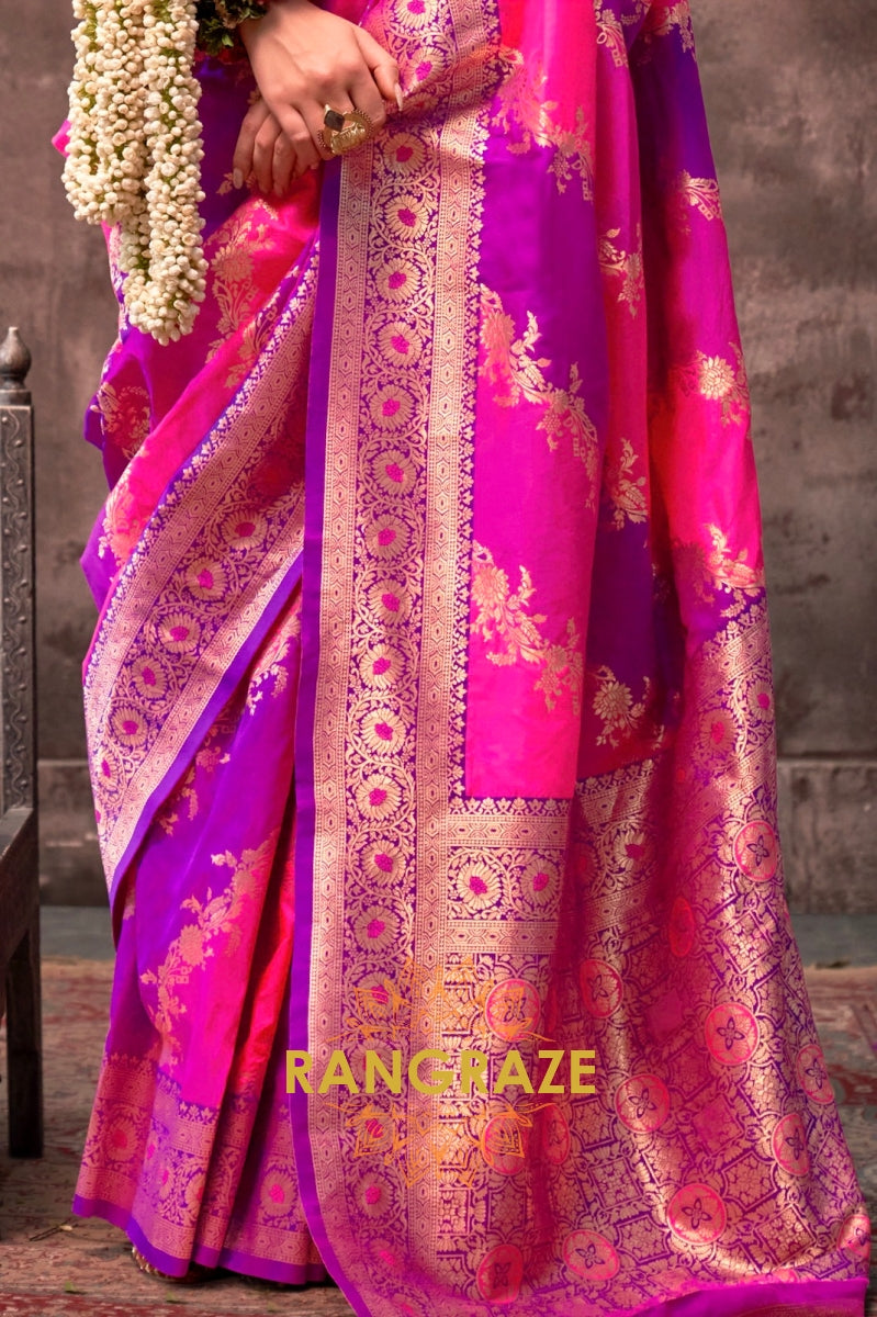 Bright Pink And Purple Woven Banarasi Silk Saree