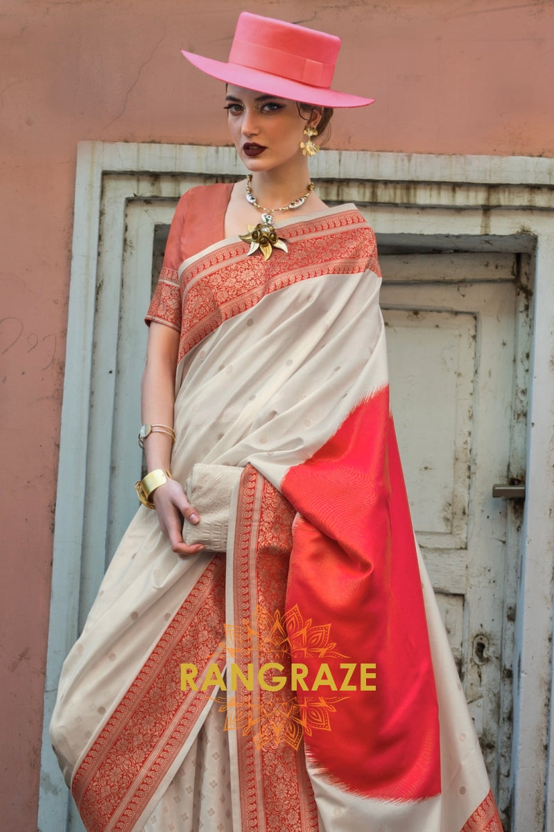 Bisque Cream and Red Woven Banarasi Silk Saree
