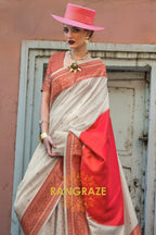 Bisque Cream and Red Woven Banarasi Silk Saree