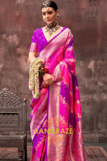 Bright Pink And Purple Woven Banarasi Silk Saree