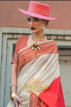 Bisque Cream and Red Woven Banarasi Silk Saree
