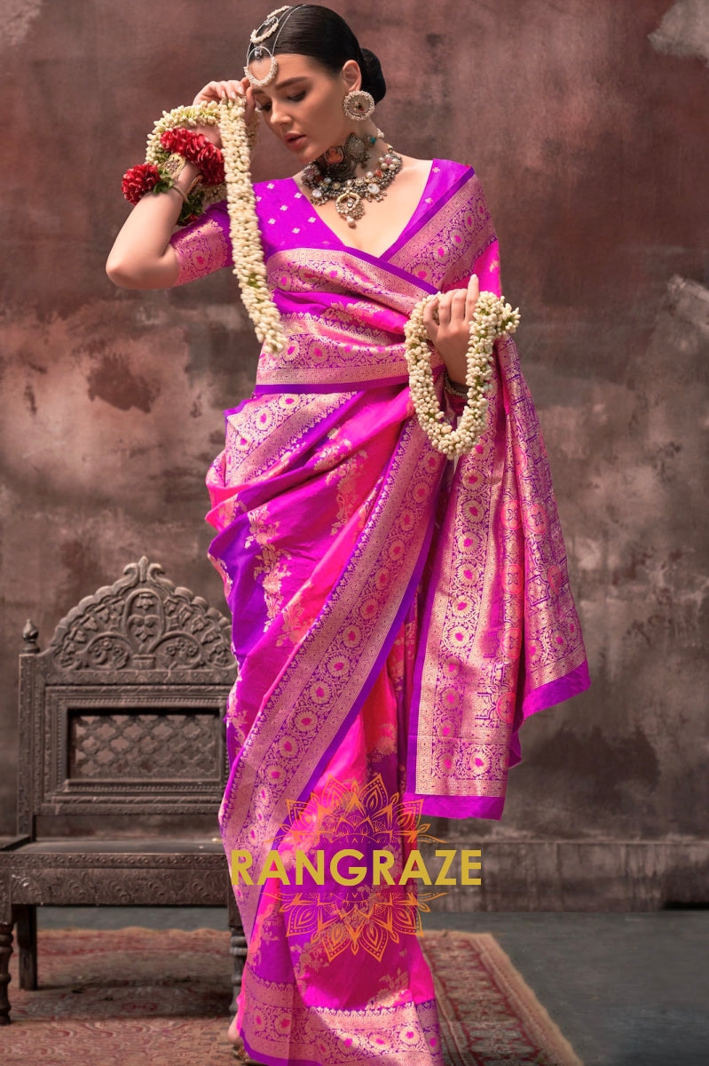 Bright Pink And Purple Woven Banarasi Silk Saree